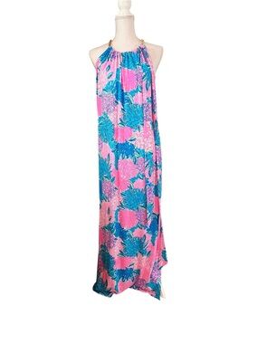 Lilly Pulitzer Pink and Blue Floral  Maxi With Gold chain Straps Size Large